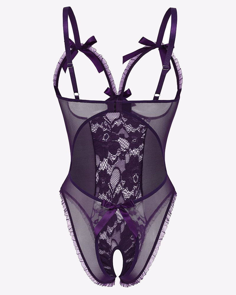 Dark purple lace cut-out cup bodysuit with sheer panels and bow shoulder straps