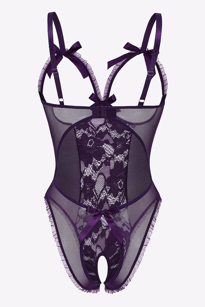 Purple cut-out lace bodysuit with adjustable straps, backless design, bow details. Sexy lingerie