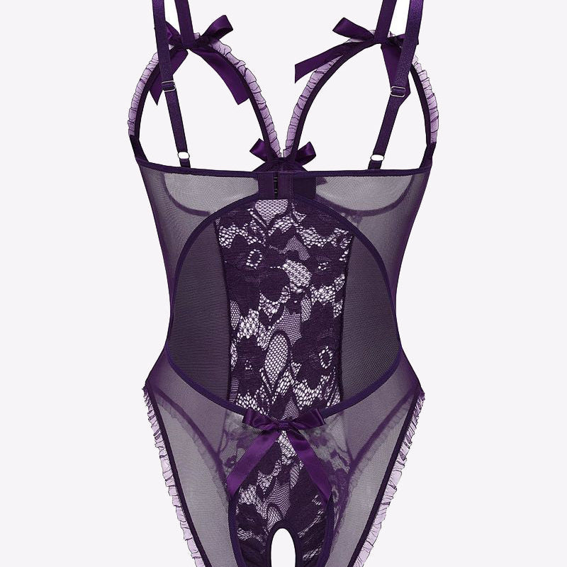 Purple cut-out lace bodysuit with adjustable straps, backless design, bow details. Sexy lingerie