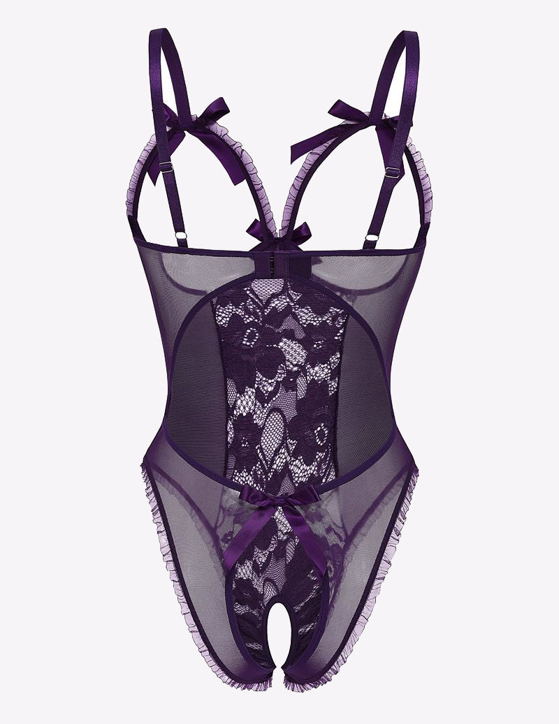 Purple cut-out lace bodysuit with adjustable straps, backless design, bow details. Sexy lingerie