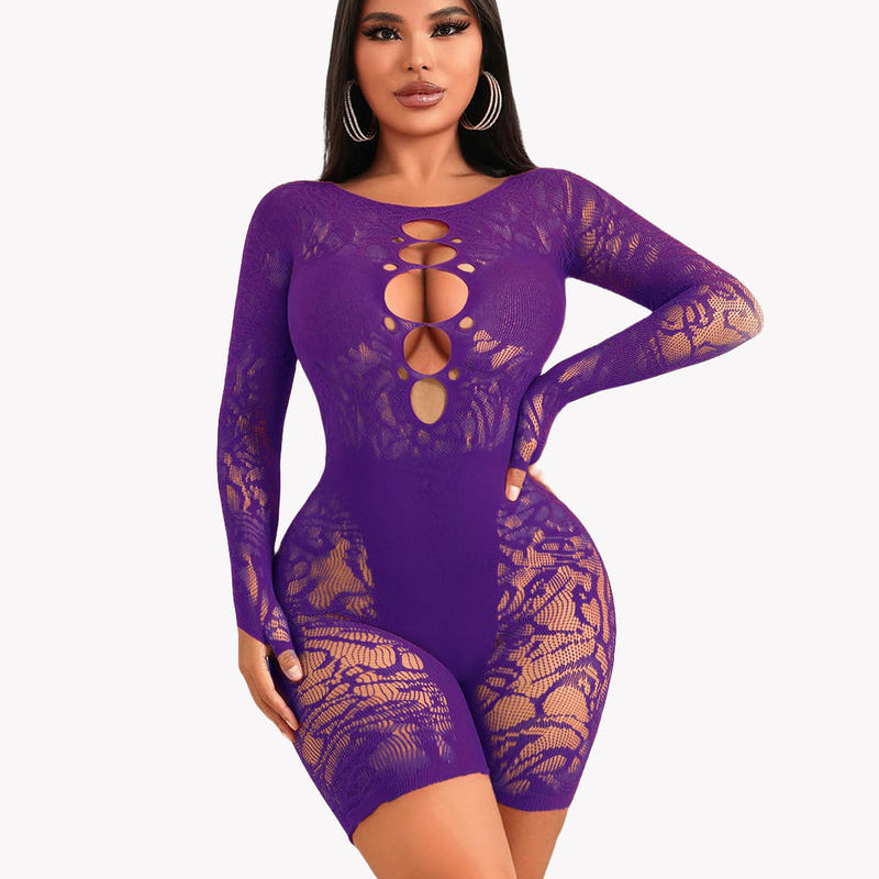 Purple fishnet bodysuit with lace cutout, enhancing curves, perfect for sexy lingerie