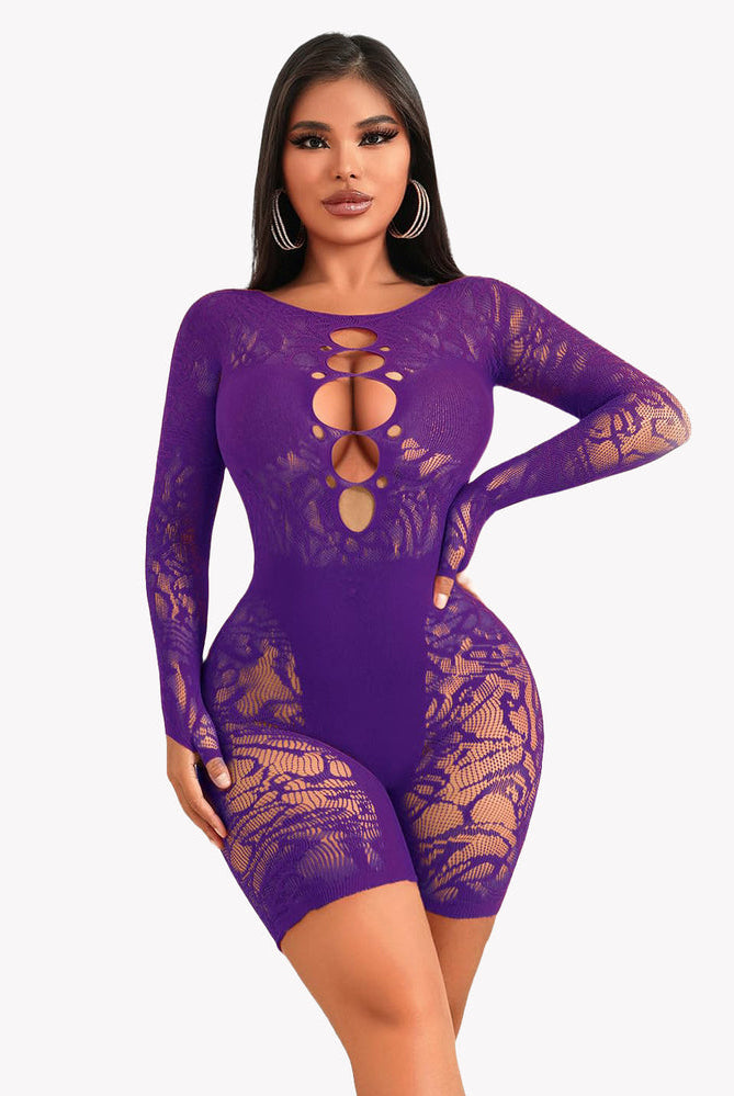 Purple fishnet bodysuit with lace cutout, enhancing curves, perfect for sexy lingerie