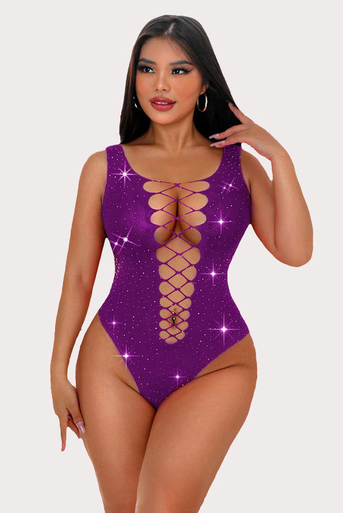 Purple mesh fishnet rhinestone bodysuit with lace-up front, sexy lingerie for women, sparkly design
