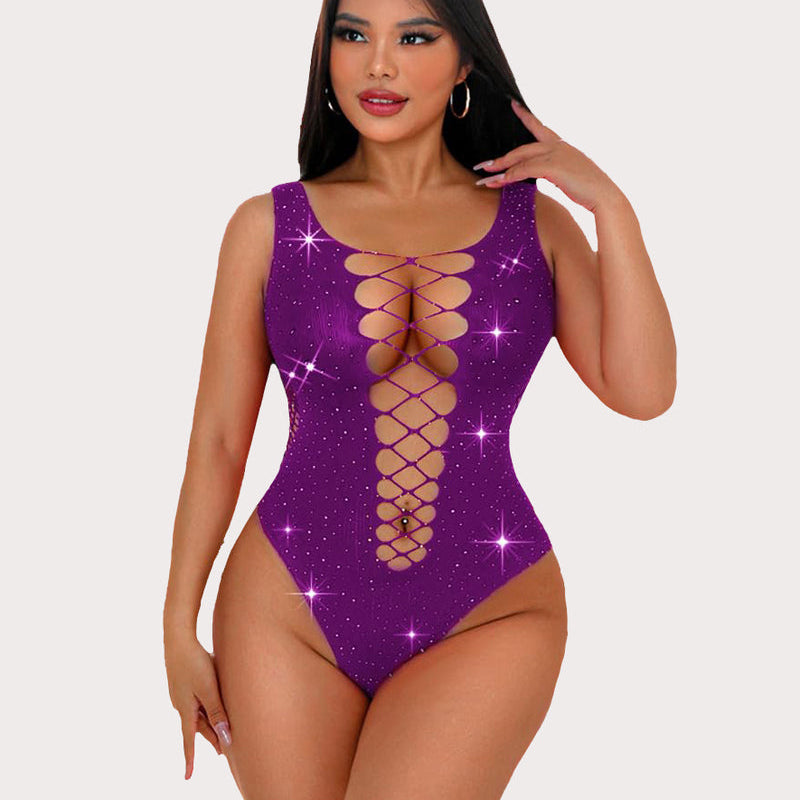 Purple mesh fishnet rhinestone bodysuit with lace-up front, sexy lingerie for women, sparkly design