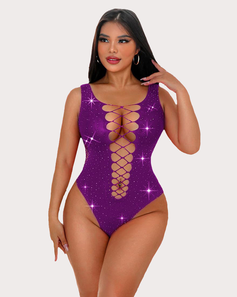 Purple mesh fishnet rhinestone bodysuit with lace-up front, sexy lingerie for women, sparkly design