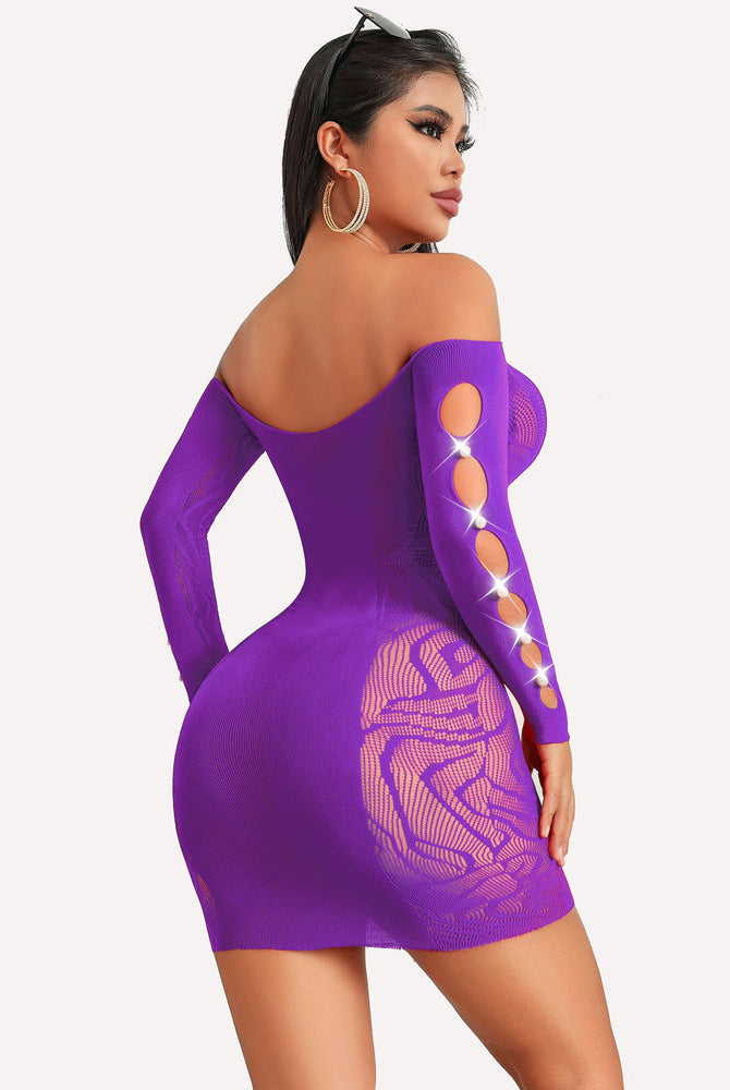 Purple fishnet mini dress, off-shoulder, cutout sleeves, and pearl details. Bodycon lingerie.