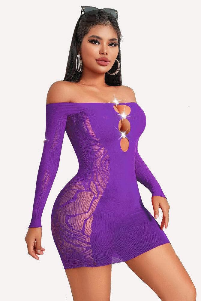 Purple fishnet off-shoulder mini dress. Mesh details, bodycon fit for lingerie style.