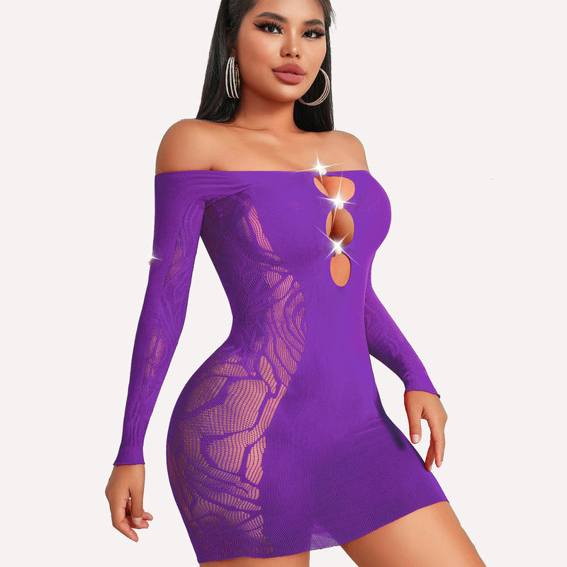 Purple fishnet off-shoulder mini dress. Mesh details, bodycon fit for lingerie style.