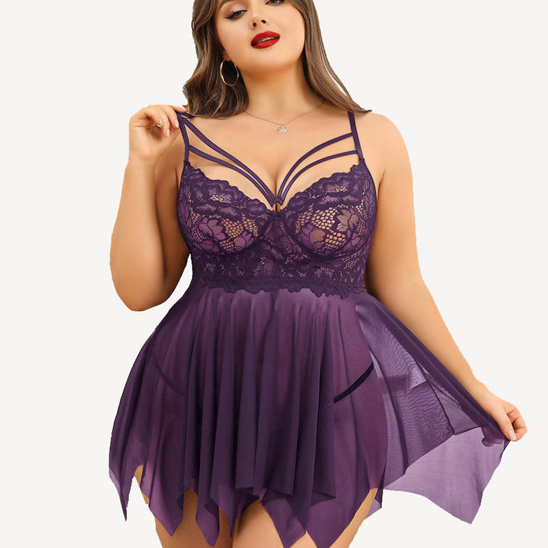 Plus Size Purple Lace Babydoll Lingerie Set with Asymmetrical Hem