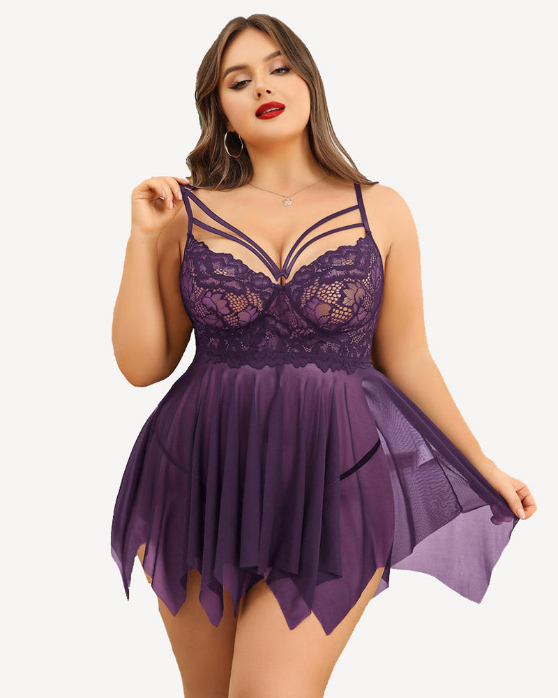 Plus Size Purple Lace Babydoll Lingerie Set with Asymmetrical Hem