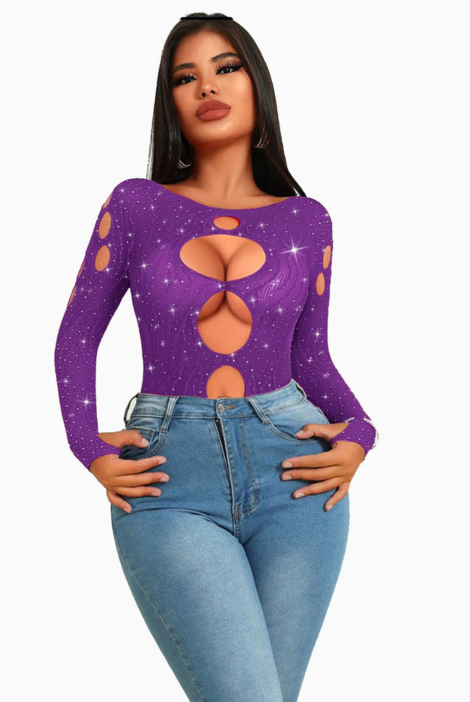 Rhinestone fishnet bodysuit; purple with cut-out design, long sleeves; sexy lingerie for women