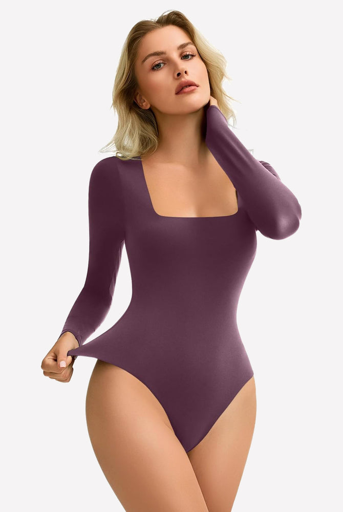 Plum square neck long sleeve bodysuit, double-lined and stretchy, form-fitting, shows bodyline.