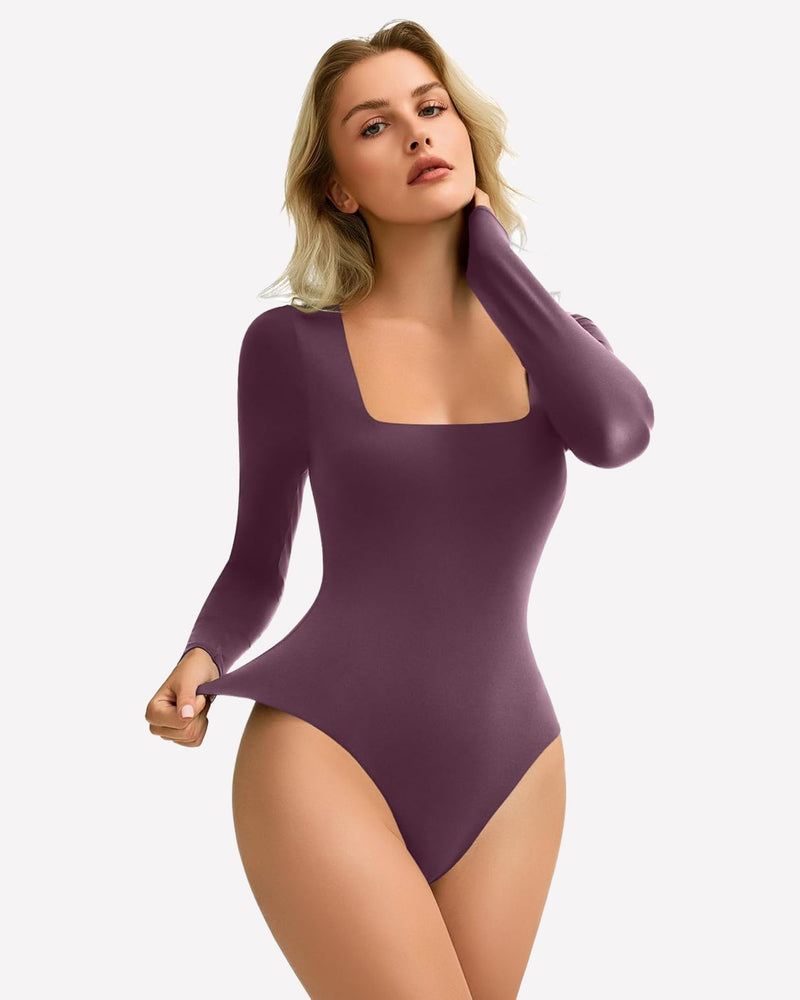 Plum square neck long sleeve bodysuit, double-lined and stretchy, form-fitting, shows bodyline.