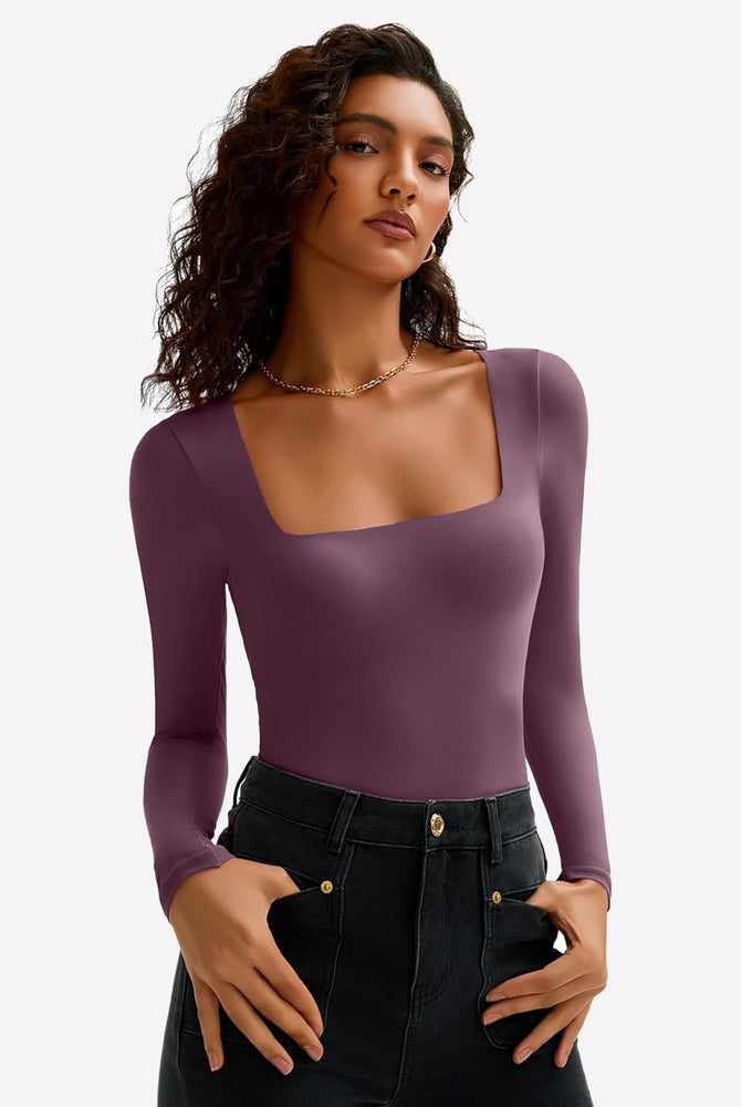Plum square neck long sleeve bodysuit, ultra-stretchy design, perfect for bodyline, from Avidlove