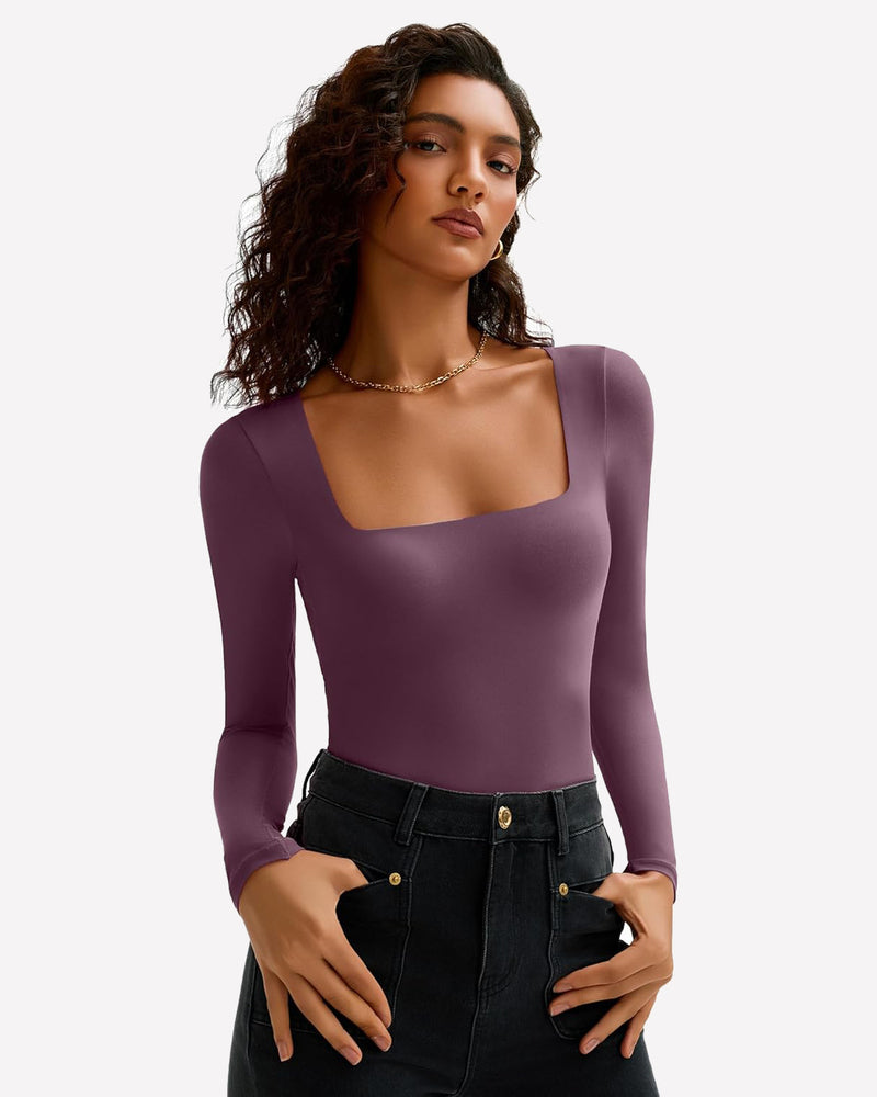 Plum square neck long sleeve bodysuit, ultra-stretchy design, perfect for bodyline, from Avidlove