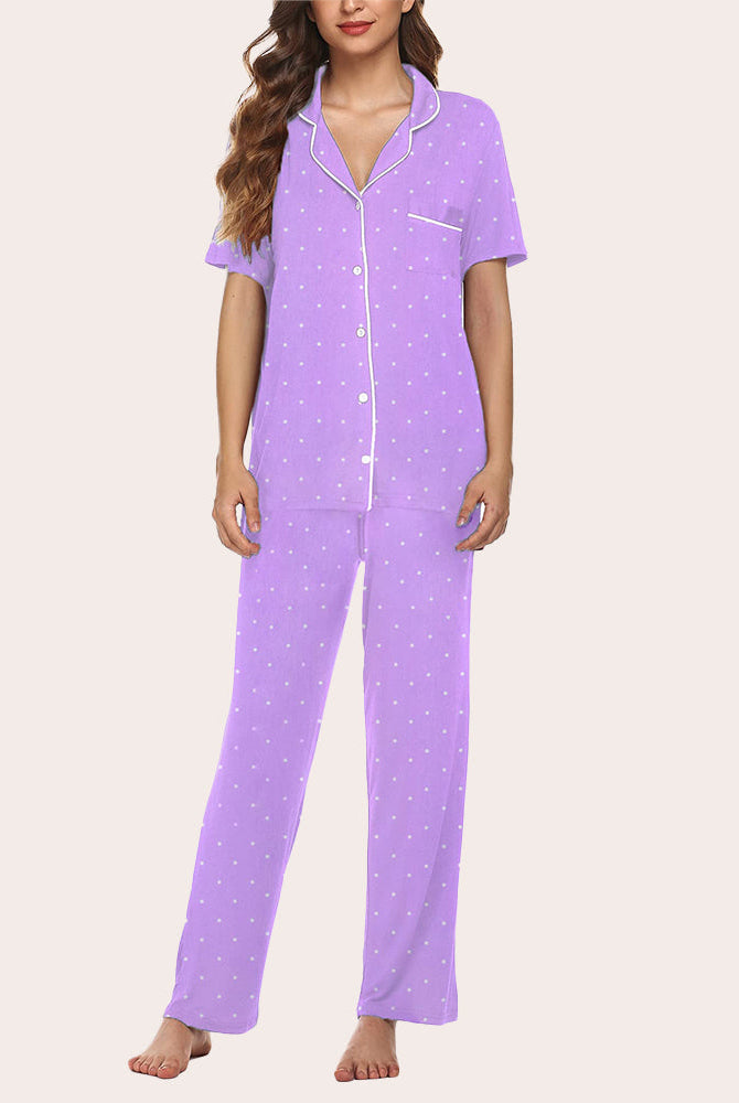 Lavender polka dot pajama set for women, button-down shirt and long pants. Comfortable sleepwear.