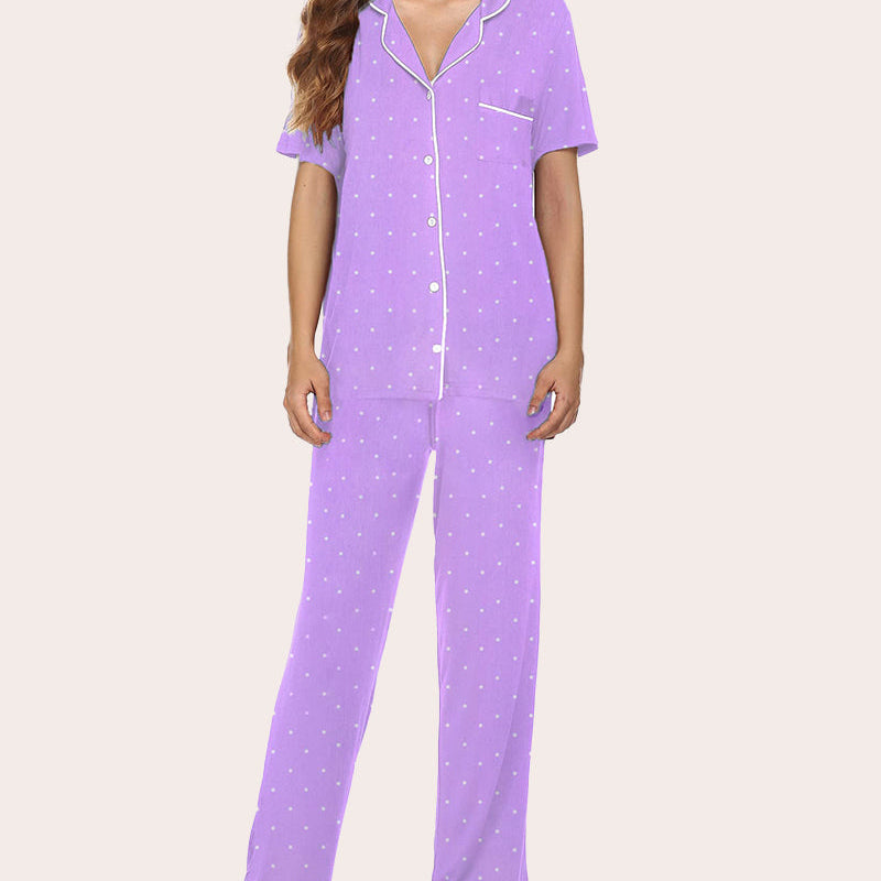 Lavender polka dot pajama set for women, button-down shirt and long pants. Comfortable sleepwear.