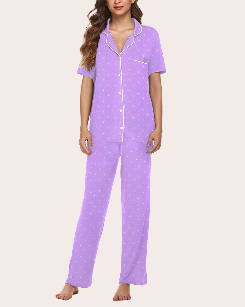 Lavender polka dot pajama set for women, button-down shirt and long pants. Comfortable sleepwear.