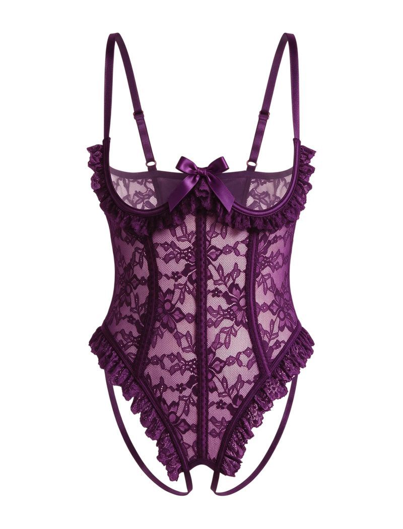 Purple floral lace teddy bodysuit with sheer panels, ruffle trim, adjustable straps, and a bow