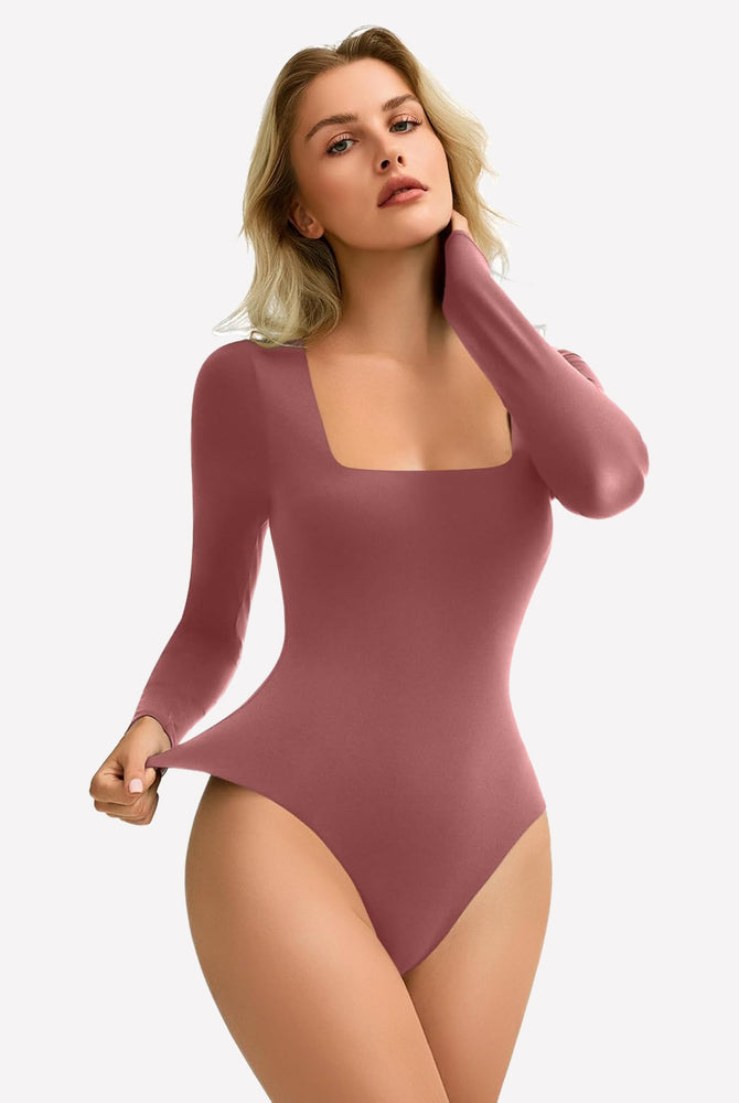 Dusty rose square neck bodysuit, stretchy and form-fitting, shows bodyline, perfect layering piece