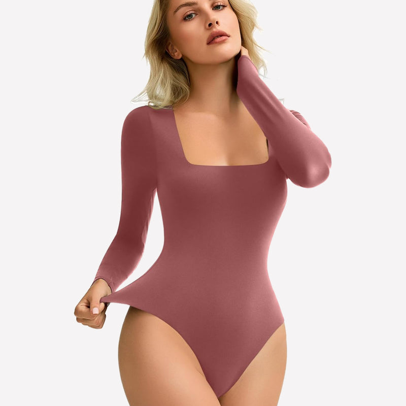 Dusty rose square neck bodysuit, stretchy and form-fitting, shows bodyline, perfect layering piece