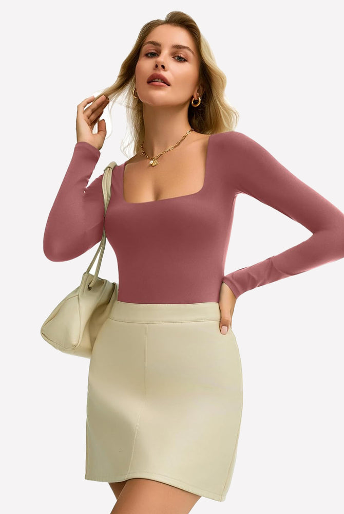 Dusty rose square neck bodysuit, stretchy and form-fitting, shows bodyline. Layering piece.