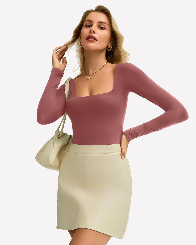 Dusty rose square neck bodysuit, stretchy and form-fitting, shows bodyline. Layering piece.