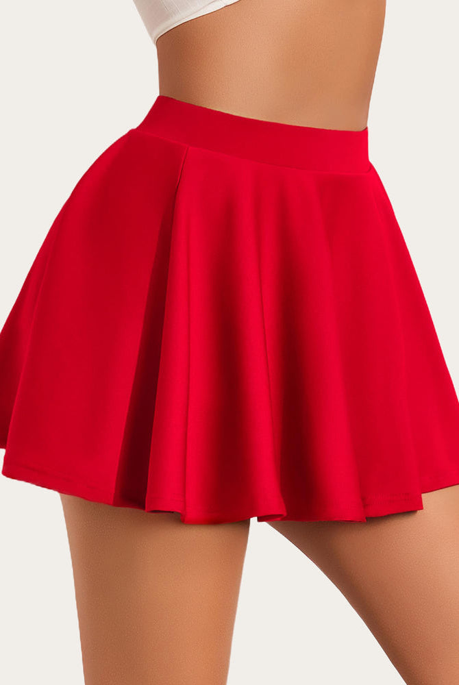 Red A-line mini skirt, high waist, comfortable and breathable schoolgirl style. Flared silhouette.