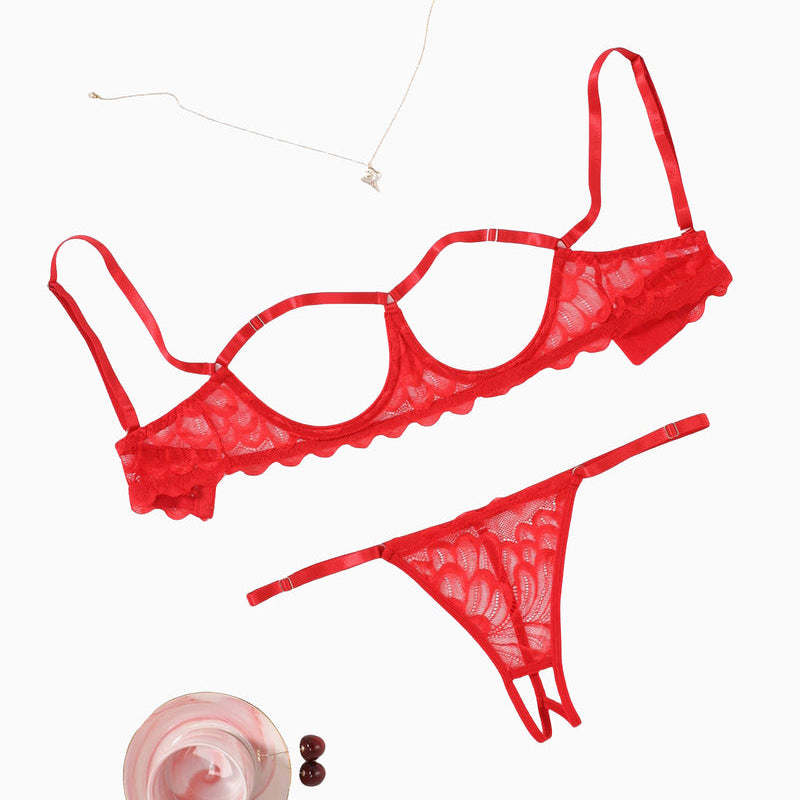 Avidlove red open bust lace lingerie set, adjustable straps, bra and thong. Perfect lingerie set.