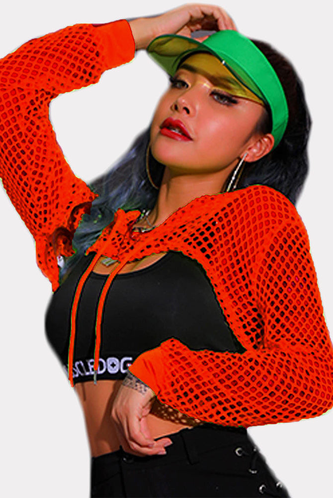 Orange mesh hoodie crop top with black bra and green visor. Sexy Avidlove lingerie.