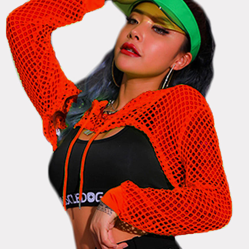 Orange mesh hoodie crop top with black bra and green visor. Sexy Avidlove lingerie.