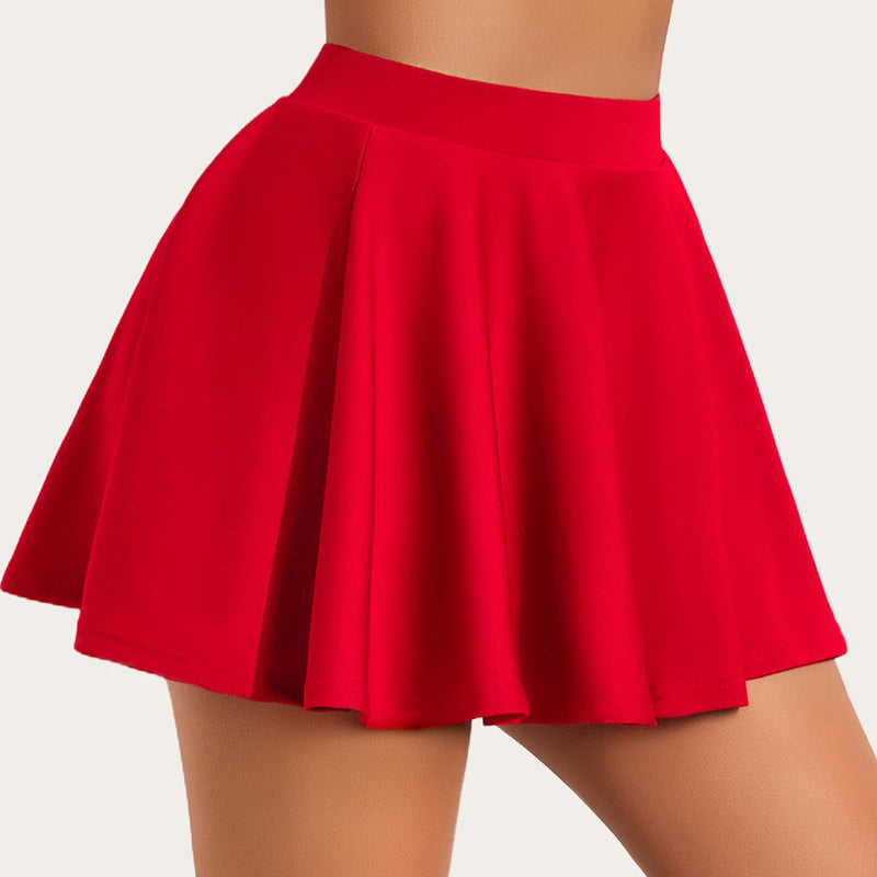 High-waisted red A-line mini skirt. Comfortable and stylish flared skirt, perfect for pairing.
