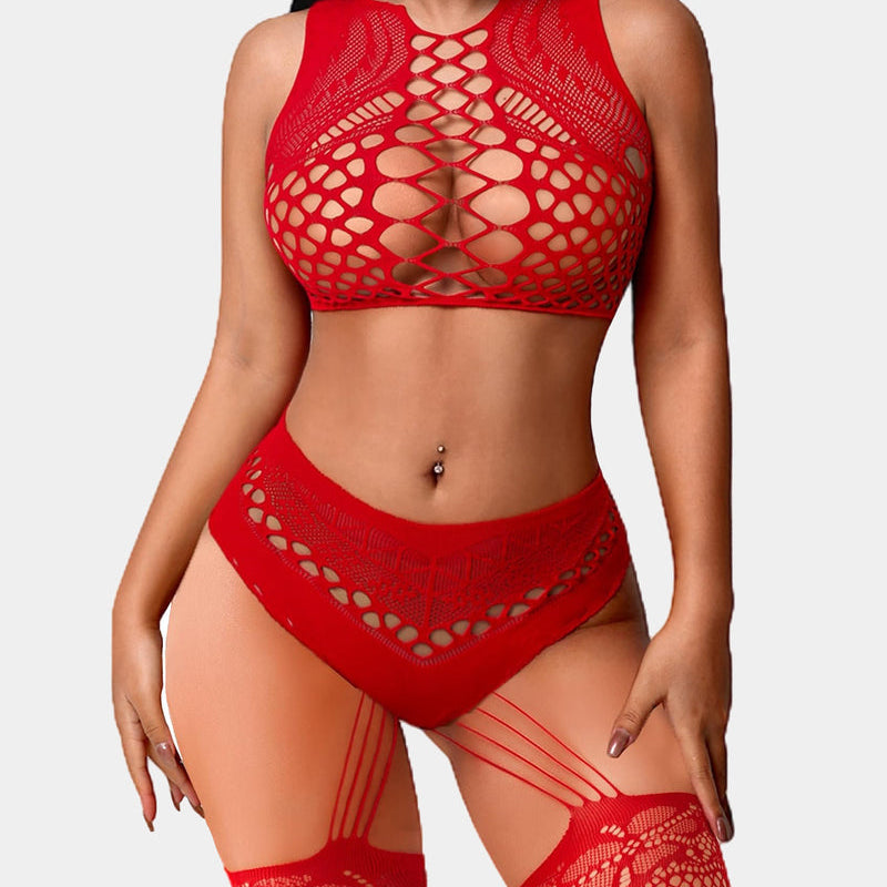 Red fishnet lingerie set with crop top and panty, stockings, sexy design for women