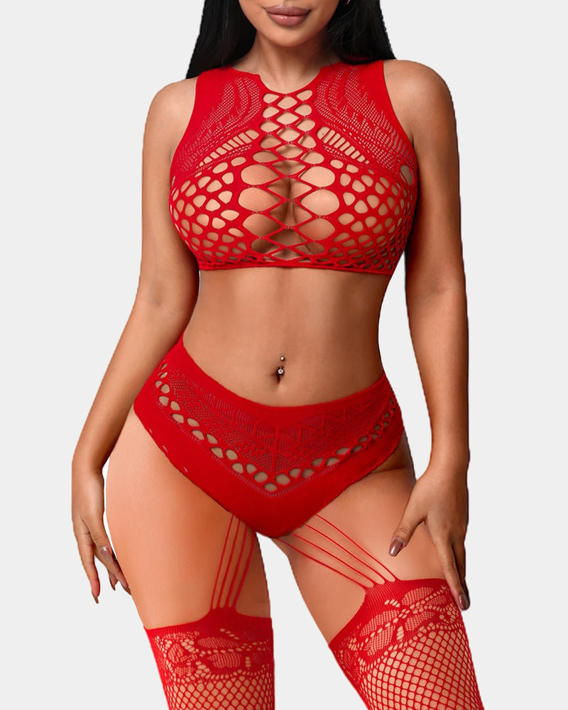 Red fishnet lingerie set with crop top and panty, stockings, sexy design for women