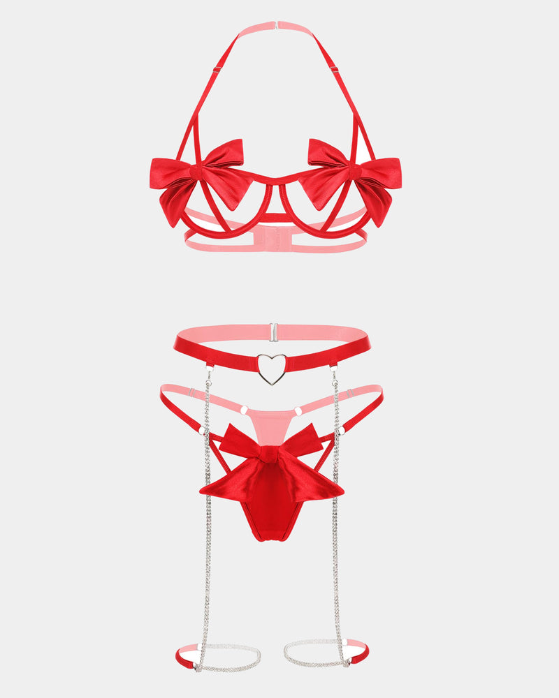 Red bow lingerie set with underwire bra, heart garter, chain and g-string details.
