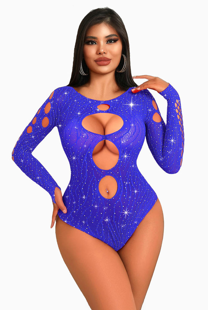 Blue rhinestone fishnet bodysuit with cut-out design and rhinestones; a sexy lingerie option.