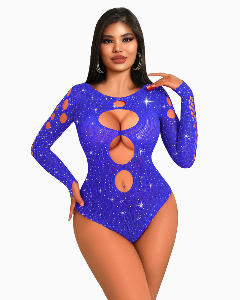 Blue rhinestone fishnet bodysuit with cut-out design and rhinestones; a sexy lingerie option.