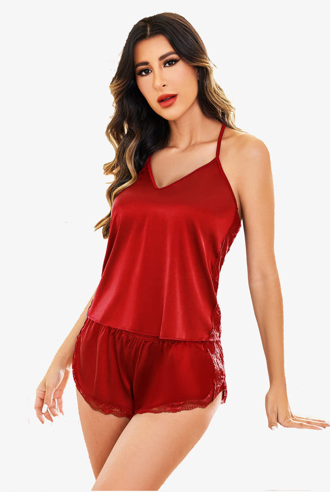 Red satin cami and shorts pajama set with lace trim, elegant sleepwear for women.