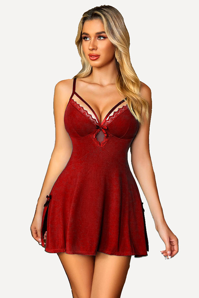 Red modal babydoll chemise with lace trim and adjustable straps, Avidlove sexy lingerie for women.