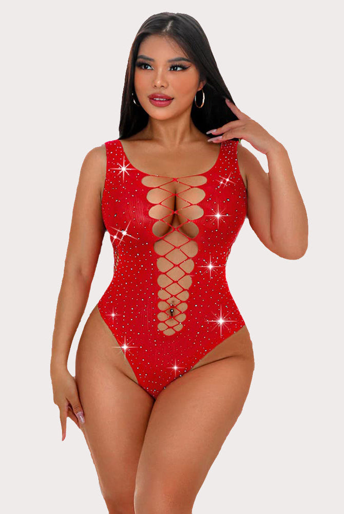 Red rhinestone fishnet bodysuit. Sexy lingerie with lace-up design for women.