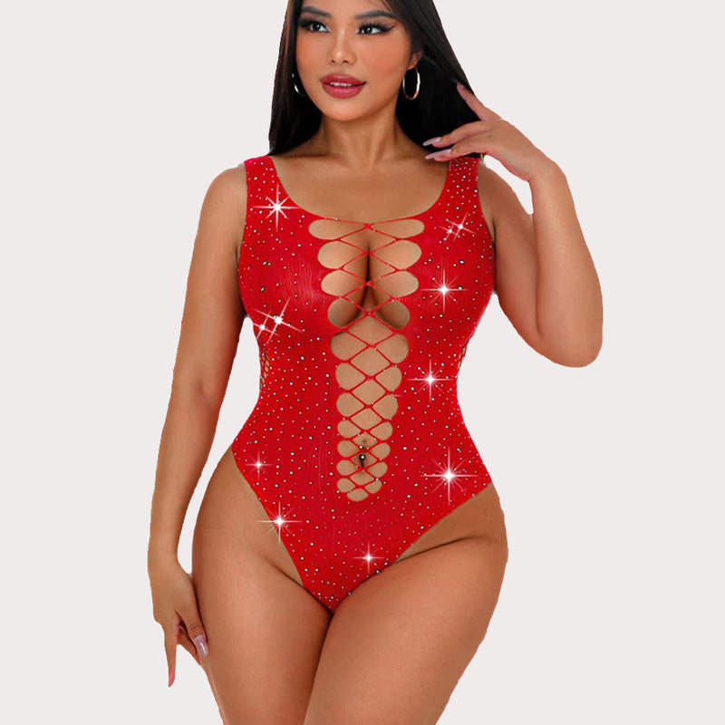 Red rhinestone fishnet bodysuit. Sexy lingerie with lace-up design for women.
