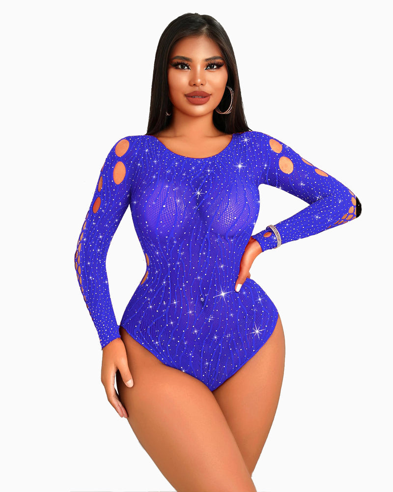 Blue rhinestone fishnet bodysuit with cut-out design and rhinestones, sexy lingerie.