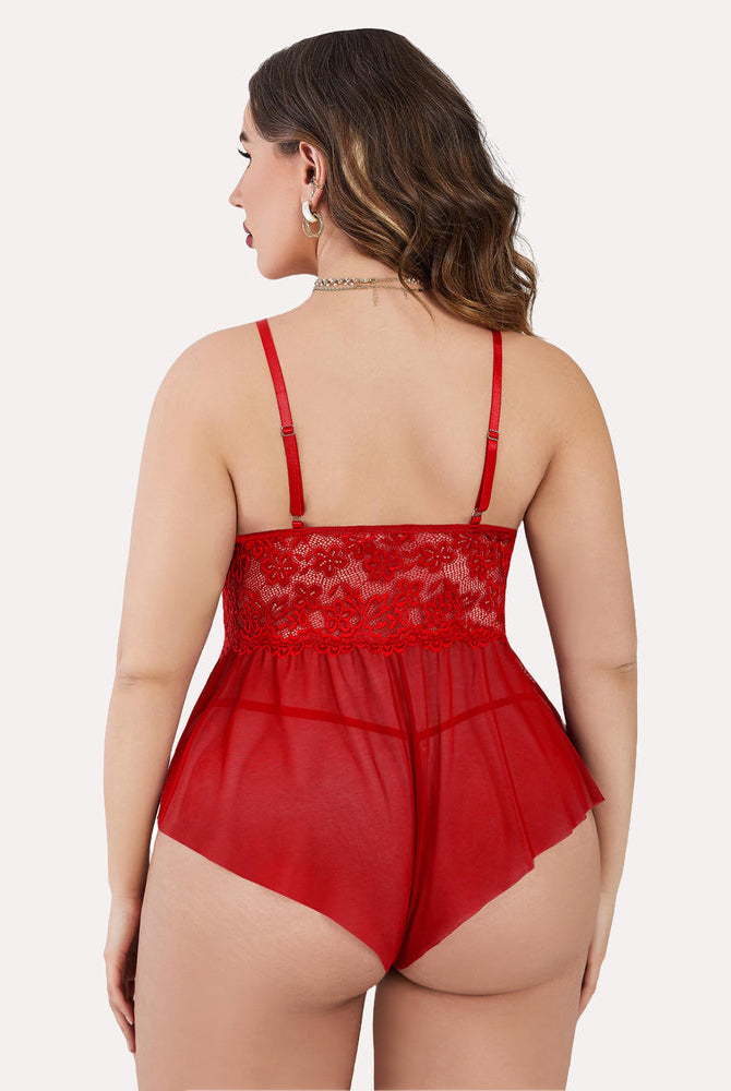 Plus size red lace teddy bodysuit with adjustable straps and ruffle trim. Sexy lingerie for women.