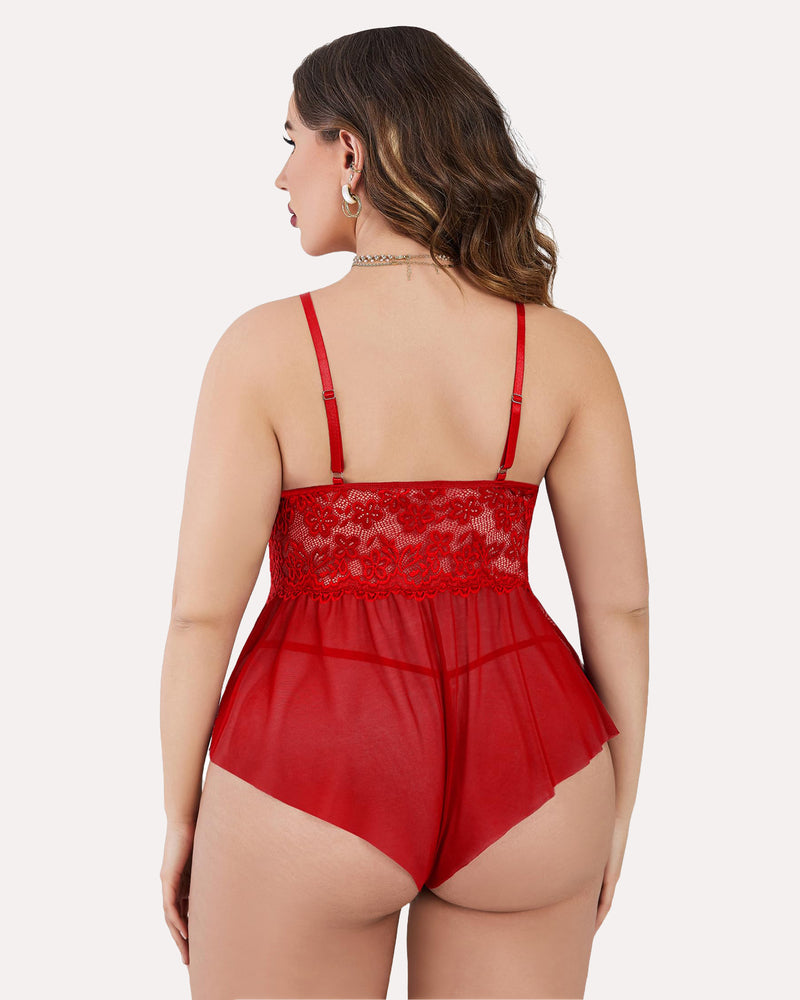 Plus size red lace teddy bodysuit with adjustable straps and ruffle trim. Sexy lingerie for women.