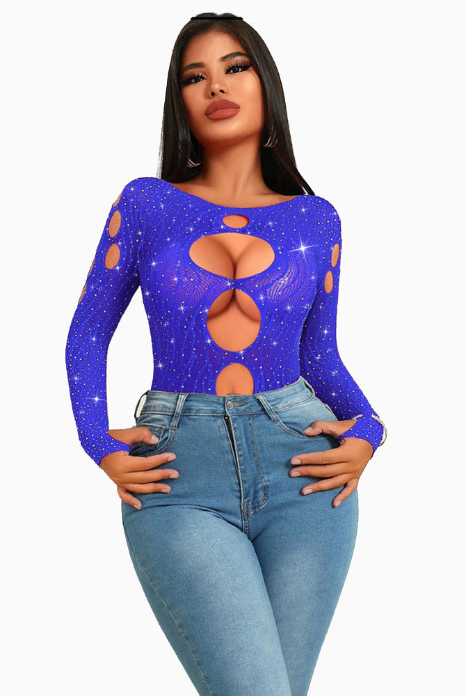 Royal blue rhinestone fishnet bodysuit with cut-out design; sexy lingerie for women, long sleeve