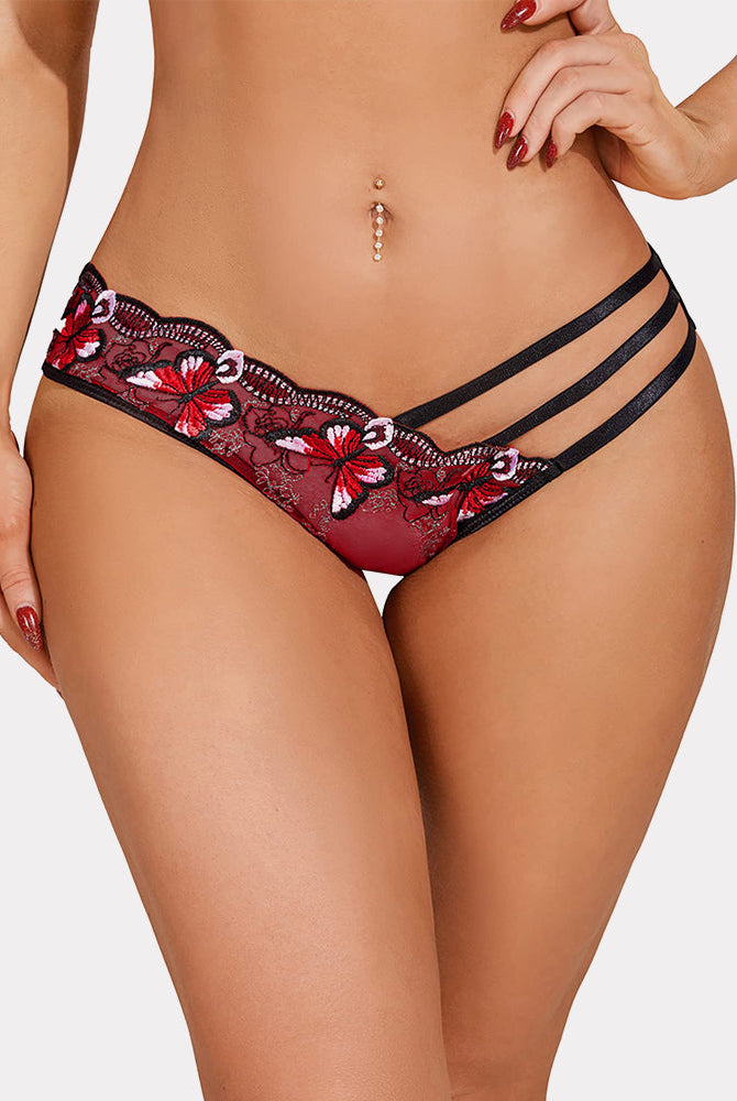 Avidlove burgundy butterfly embroidered mesh panties, triple straps, low rise, sexy lingerie