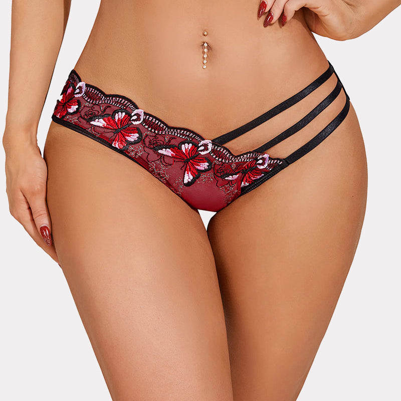 Avidlove burgundy butterfly embroidered mesh panties, triple straps, low rise, sexy lingerie