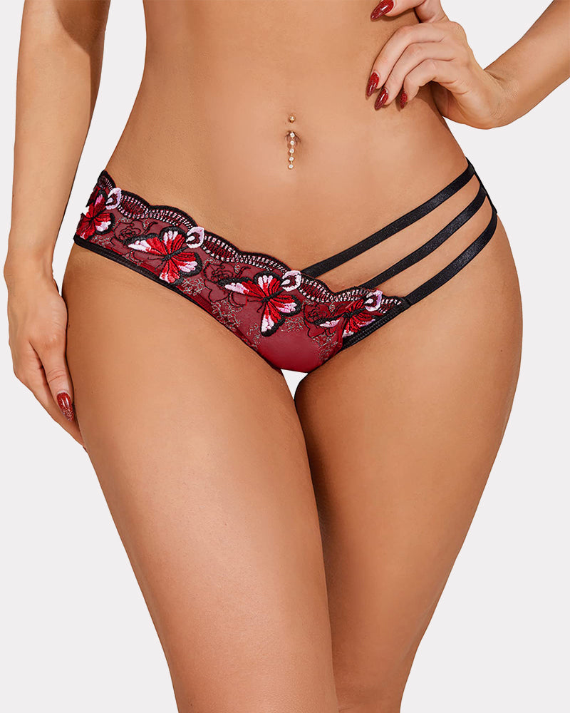 Avidlove burgundy butterfly embroidered mesh panties, triple straps, low rise, sexy lingerie