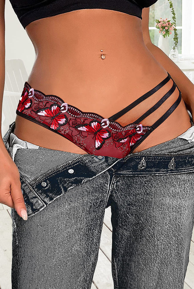 Avidlove butterfly embroidered mesh panties, burgundy with black straps, low-rise, beneath denim