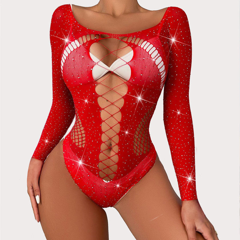 Red mesh rhinestone fishnet bodysuit, long sleeves, lace-up detail, sexy lingerie, Avidlove